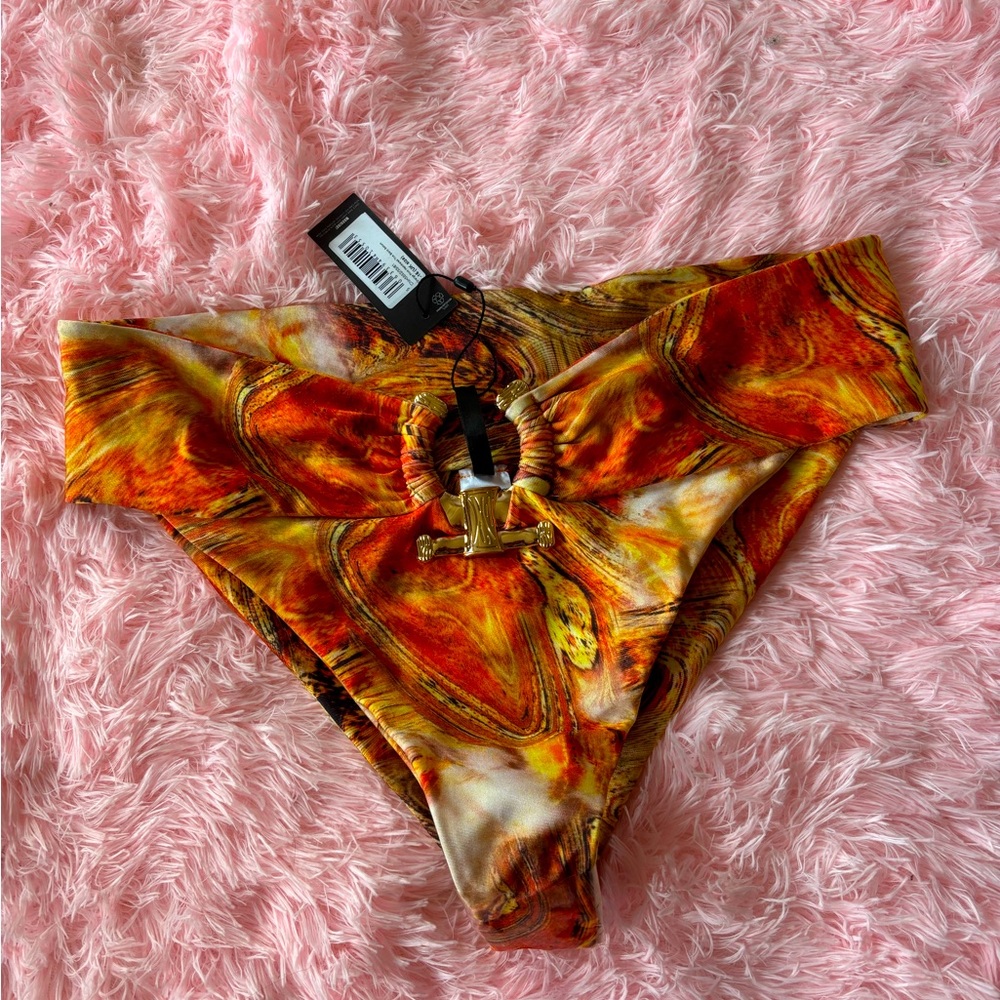 Orange Print Hammered Trim Bikini Bottoms